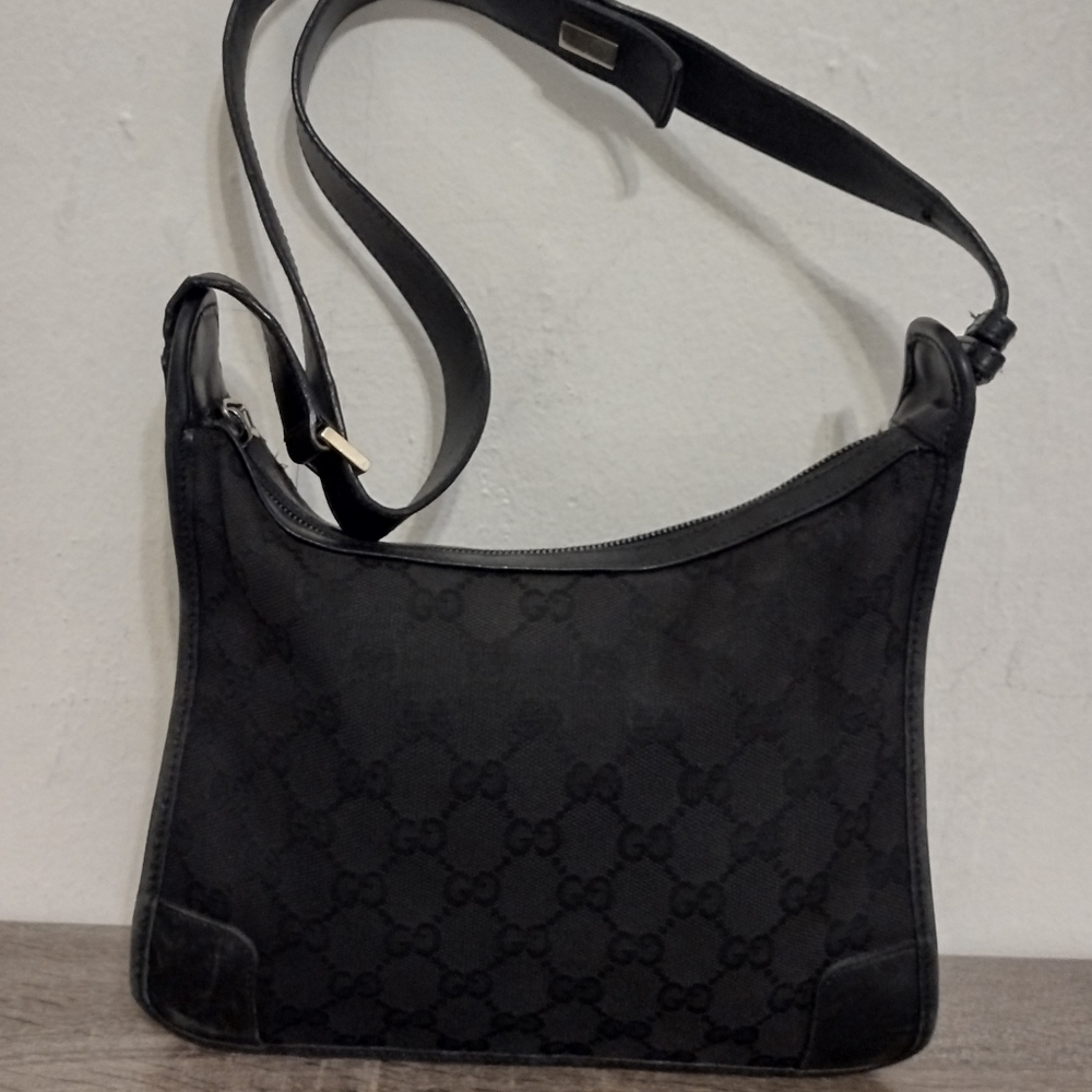 Gucci Black Nylon Canvas Leather Signature Satchel Shoulder Bag